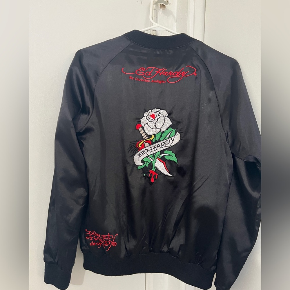 Vintage Ed Hardy Satin Embroidered Bomber True Love Rhinestone Jacket Medium Y2K